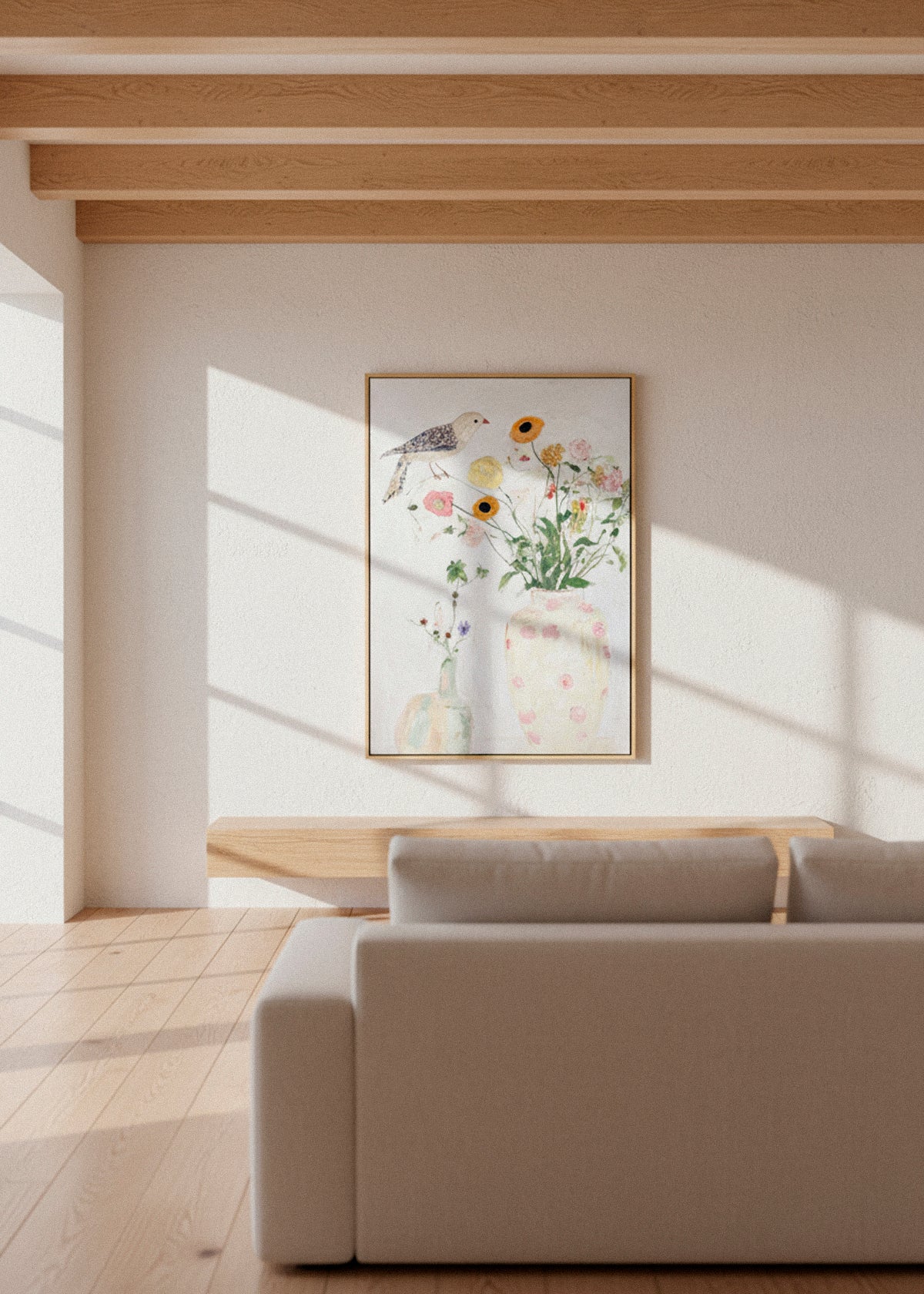 Bird No. 1 canvas print displayed in a minimalist living room with wooden beams and natural light, featuring a hand-painted bird and vase of flowers. Hello Poster canvas art.