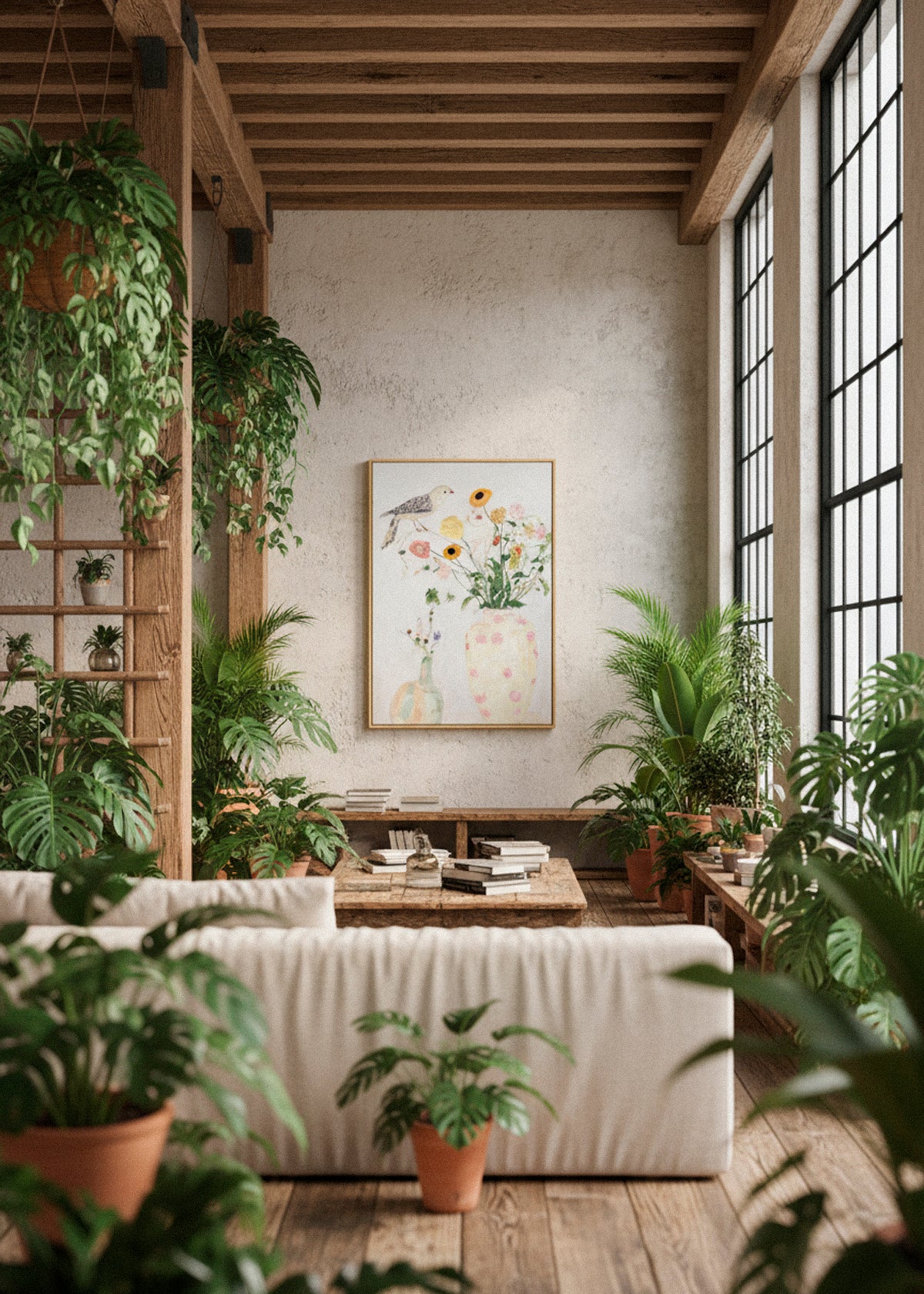 Bird No. 1 canvas print hanging in a lush loft-style living room filled with plants, featuring a gentle bird and floral still life. Premium wall art by Hello Poster.