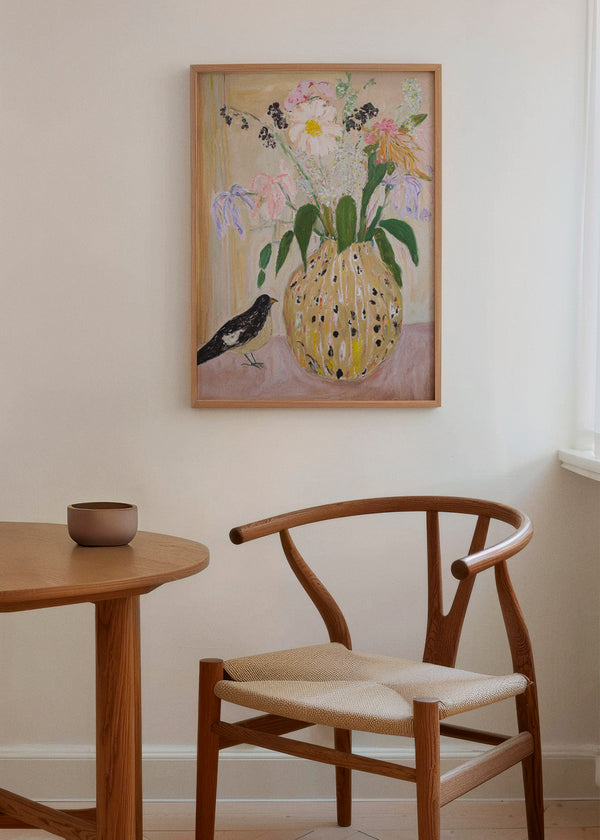 Bird no. 2 poster in a cozy dining space – A delicate and artistic poster featuring a bird and a floral vase, adding a soft, vintage charm to a Scandinavian-inspired dining room.