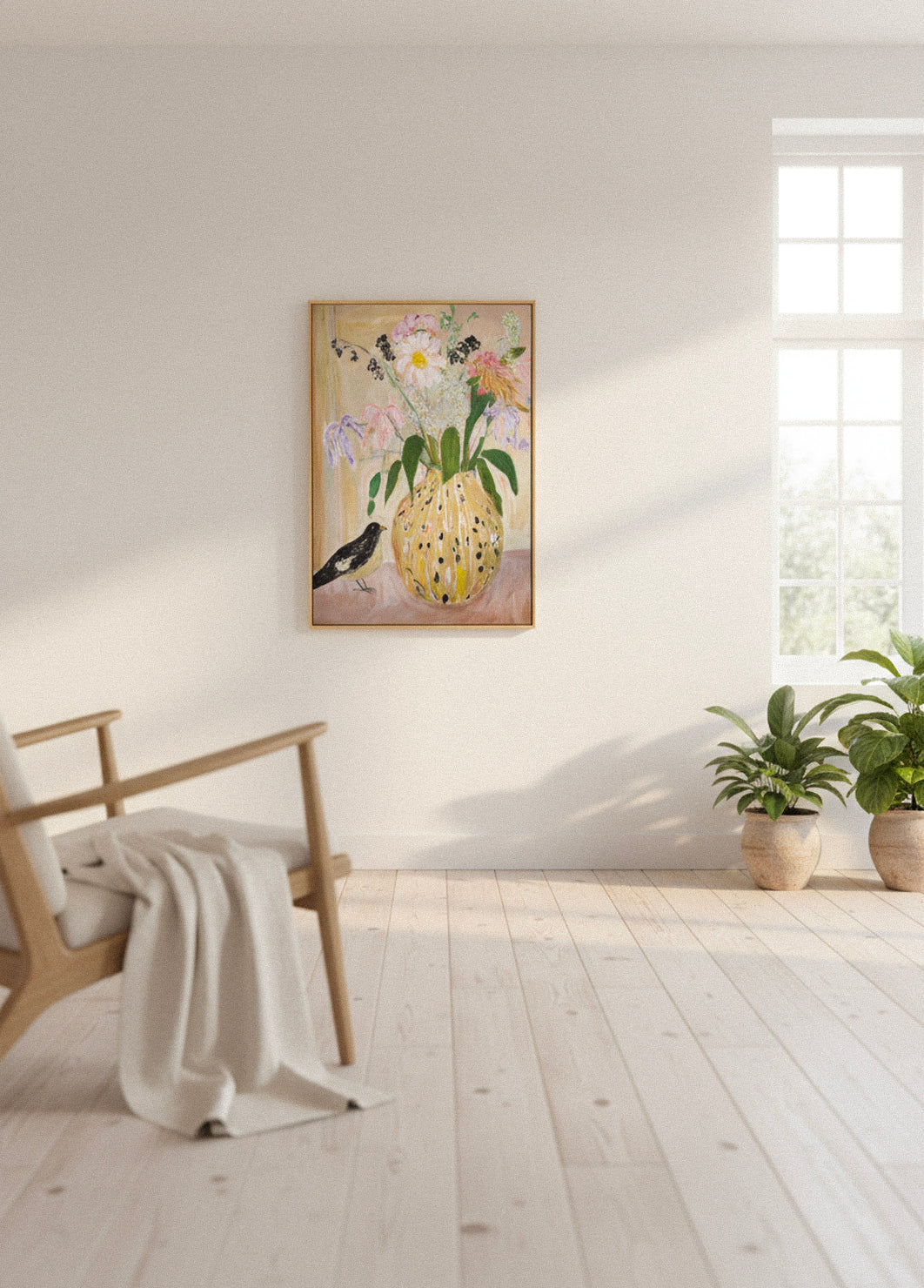 Canvas artwork with pastel floral bouquet and a small bird, styled in a bright Scandinavian living room with light wooden floors and soft natural light.