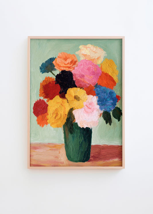 Indrammet blomsterplakat med kraftige penselstrøg i pink, gul og blå