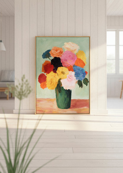 Blossoms canvas print styled in a bright Scandinavian living room, featuring a colourful bouquet artwork in a wooden frame.
