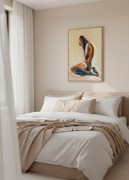 Framed “Body Color” canvas print hanging on a terracotta wall beside a rustic vase, styled with natural textures and light.
