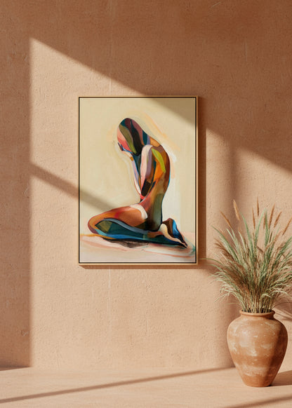 “Body Color” canvas print featuring an abstract figure in bold, multicolored tones on a beige background, displayed in warm sunlight.