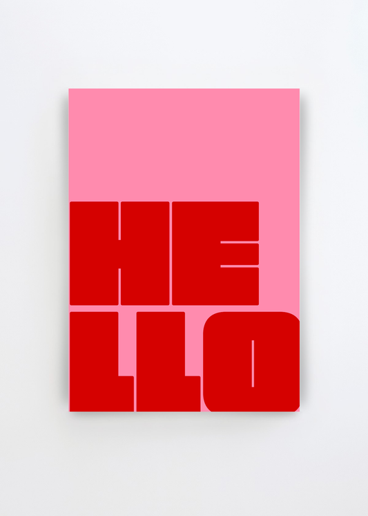 Bold Hello Typography by Athene Fritsch art print featuring the word “HELLO” in oversized deep red block letters against a soft pink background.