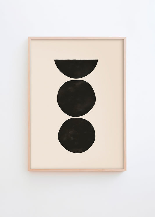 Minimalist poster with three stacked black shapes on a light beige background in a wooden frame.