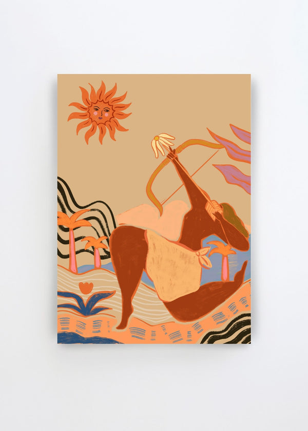 Bow And Arrow by Arty Guava – colorful art poster featuring a woman with a bow and arrow in a playful tropical landscape.