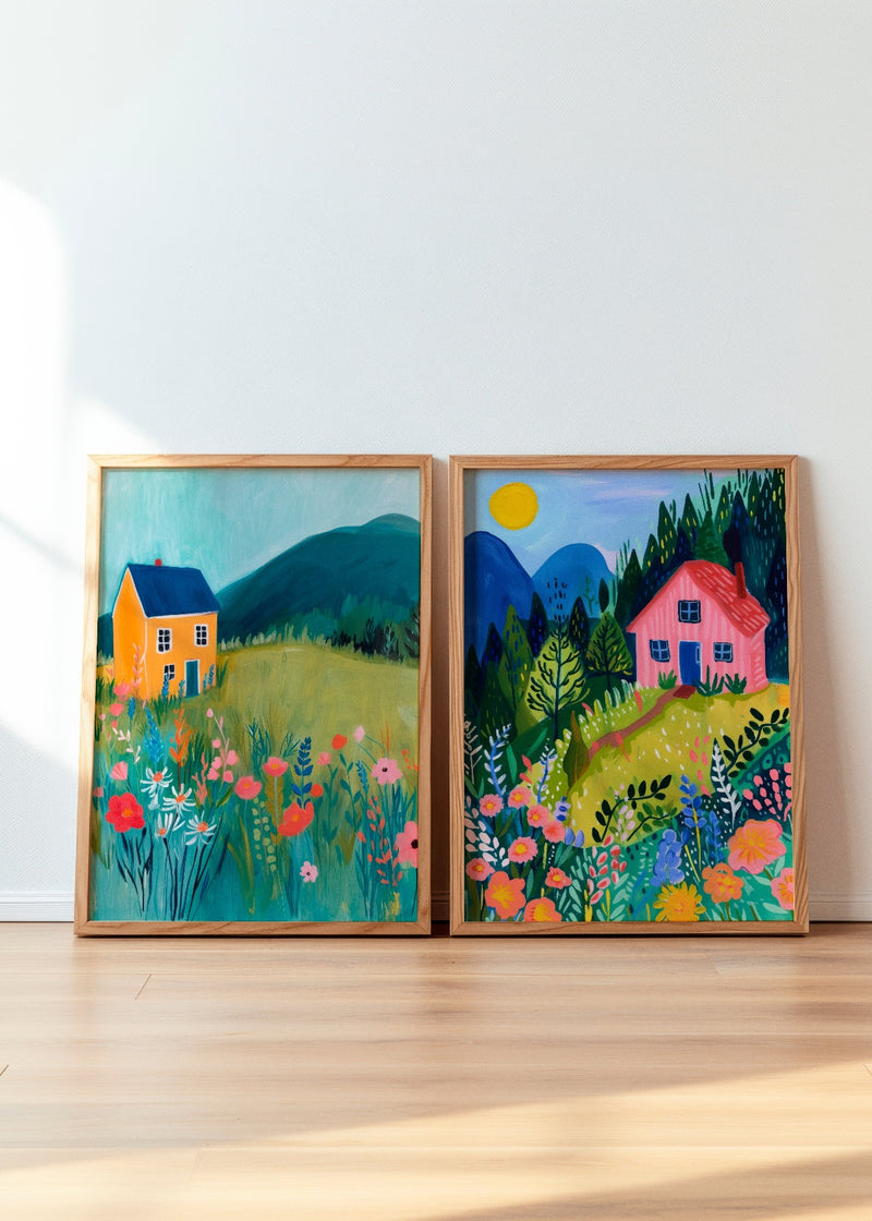 Framed art prints of Yellow House and Pink House, featuring vibrant countryside landscapes with blooming wildflowers, rolling hills, and charming houses. These colorful posters bring warmth and nature-inspired beauty to any home decor.