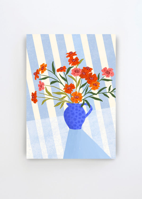 Cheerful Floral Pitcher by Bea Müller – colorful art poster featuring orange and pink flowers in a blue pitcher against a light blue striped background.