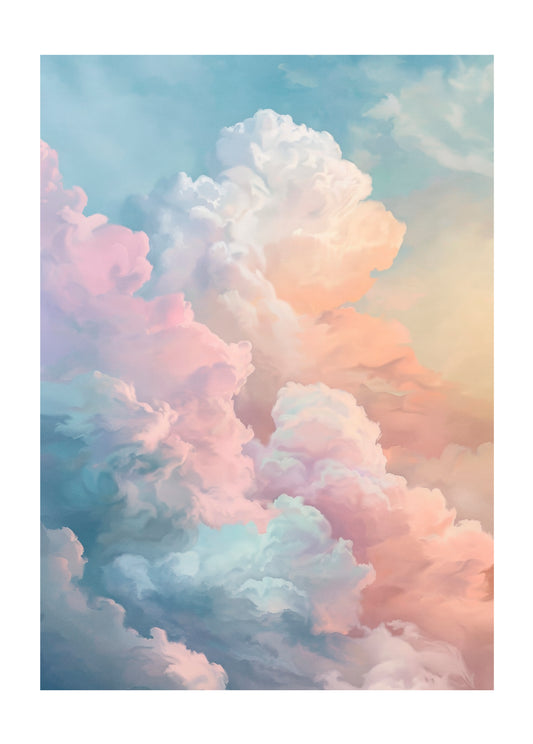 Poster with soft pastel clouds in pink, peach, and blue against a light sky