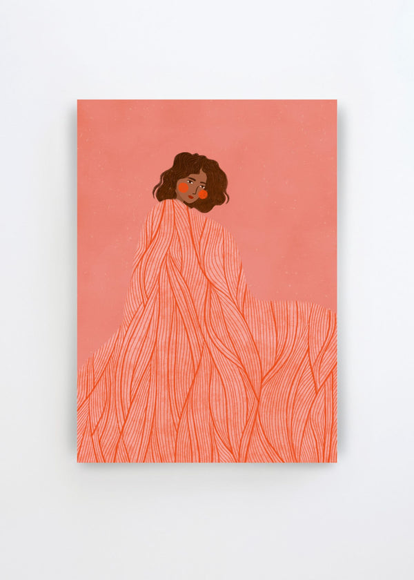Coral Woman Dreaming by Bea Müller – minimalist art poster featuring a woman wrapped in flowing coral and orange striped fabric against a soft pink background.