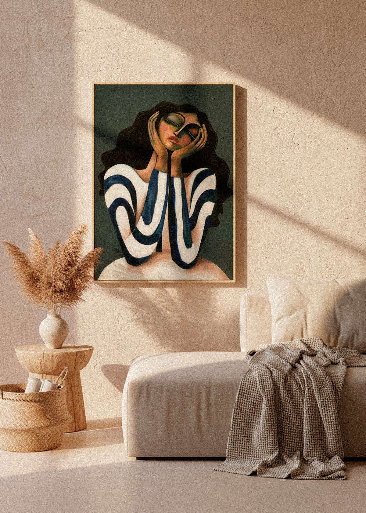 Daisy canvas print hanging in a warm neutral living room with textured beige walls – modern feminine wall art by Hello Poster.