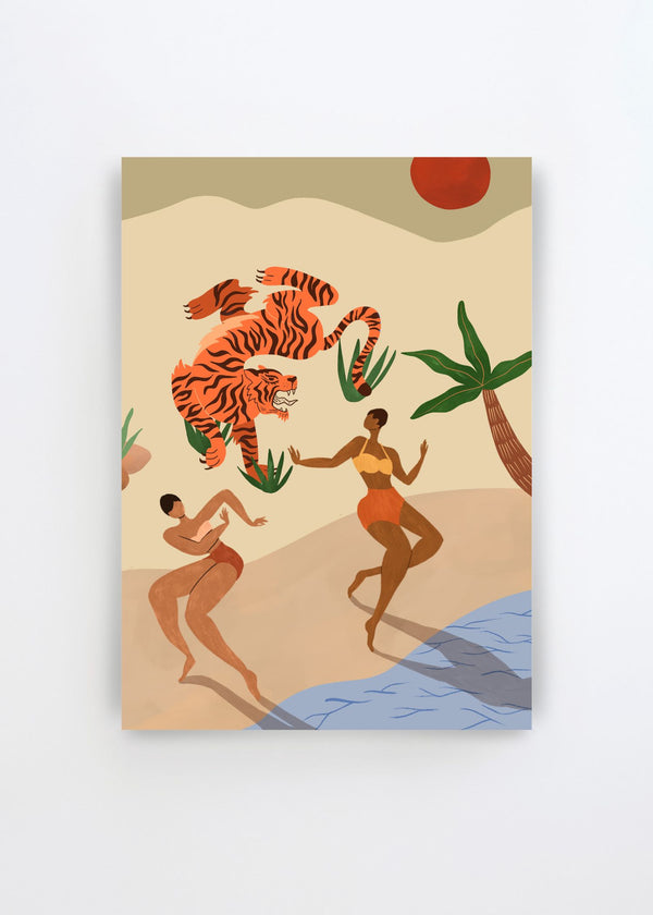 Dancing Tiger by Arty Guava – colorful art poster with two dancing women, a tiger and tropical plants in warm earthy tones.