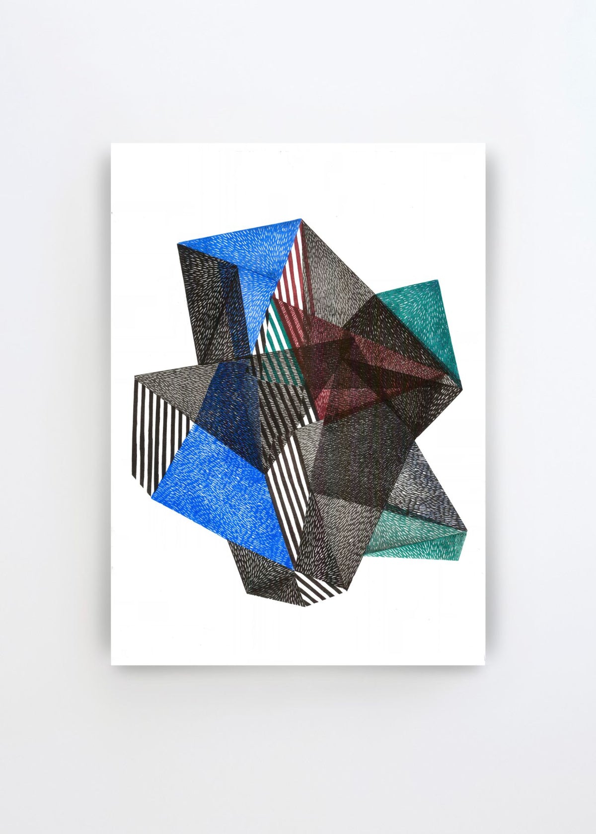 Dynamic Geometric Forms art poster by Paulina Vårregn featuring layered abstract geometric shapes in black, blue, red and green on a white background.
