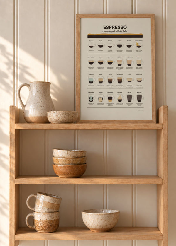 Espresso Coffee Guide by Dion Gem – framed coffee art poster displayed on a wooden shelf with handmade ceramic cups and bowls in a warm neutral interior.