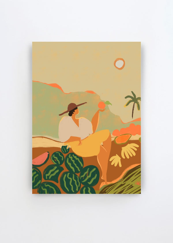 Farmer Guava by Arty Guava – colorful art poster featuring a woman with fruit and watermelons in a warm tropical landscape.