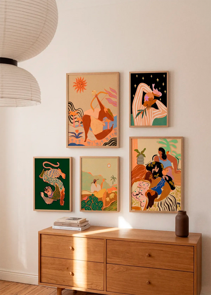 Farmer Guava by Arty Guava shown as part of a curated gallery wall with five Arty Guava posters in warm, colourful tones above a wooden dresser in a Scandinavian interior.