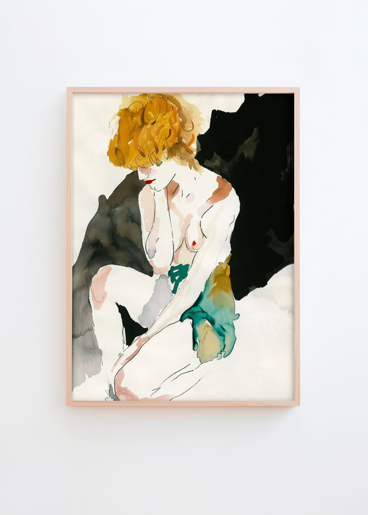 Femme Fatale watercolor nude poster in warm and dark colors