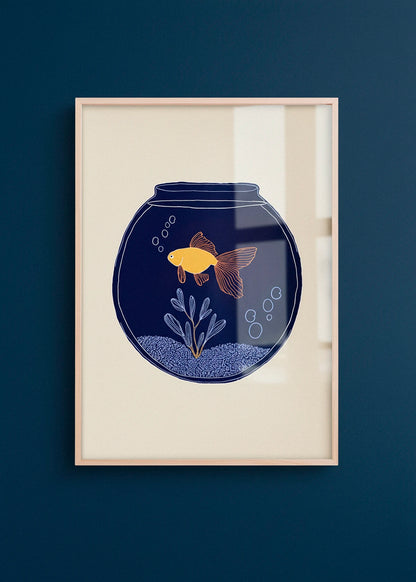 The Fishy poster with a yellow fish in a navy bowl, hanging on a beige wall with warm afternoon sunlight.
