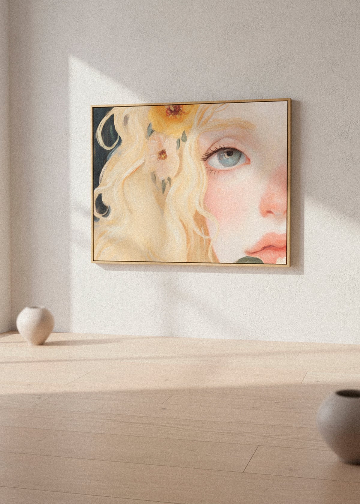 Florence canvas print styled in a bright minimal room, featuring a soft portrait with blonde curls and floral details, photographed in natural sunlight – Hello Poster.