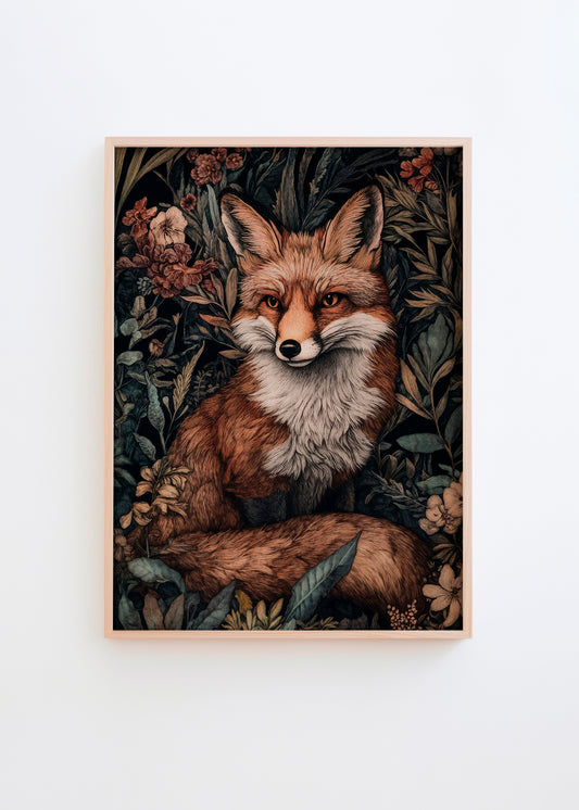 llustrated poster of a red fox sitting gracefully among detailed forest plants and flowers, with rich earthy tones and a dark backdrop.