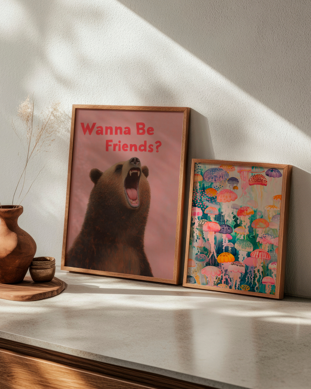 Playful art pairing of "Girl Bear" and "Under Water," featuring a bear with text and dreamy jellyfish scene, perfect for adding joy and color to kids’ spaces.