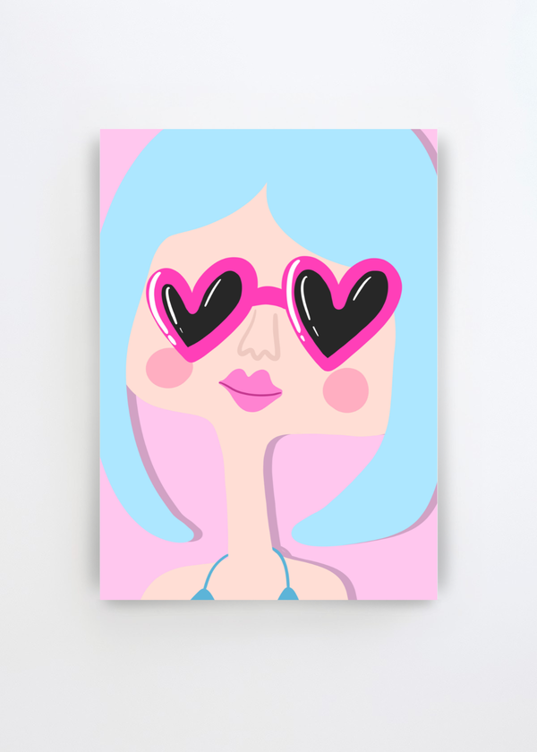 Heart Glasses by Athene Fritsch art print featuring a playful woman with light blue hair, rosy cheeks and oversized hot pink heart-shaped sunglasses against a soft pink and blue background.