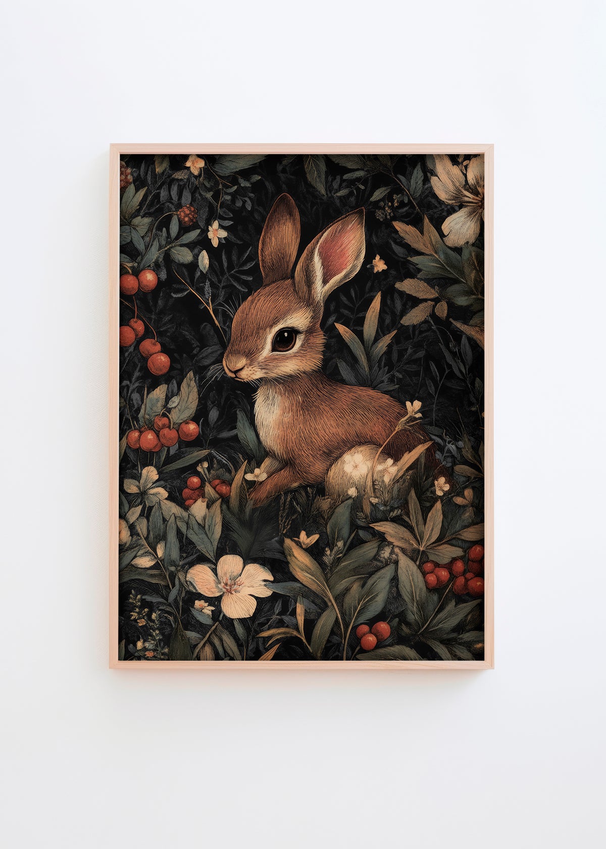 Charming poster showing a small brown rabbit nestled in lush forest vegetation, surrounded by berries and delicate blossoms on a dark background.