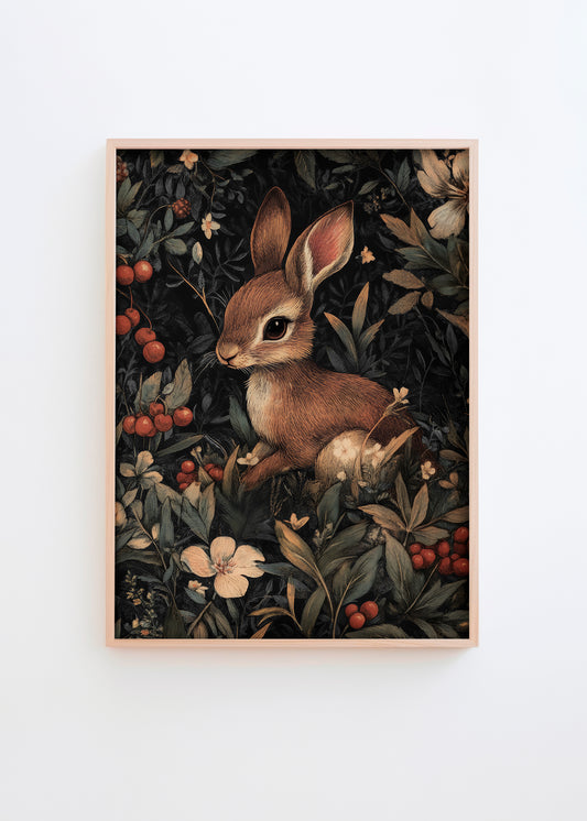 Charming poster showing a small brown rabbit nestled in lush forest vegetation, surrounded by berries and delicate blossoms on a dark background.