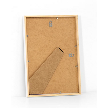 Back view of white A4 wooden frame with wall and tabletop mounting options
