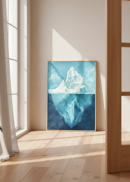 Bright Iceberg Day canvas artwork from HelloPoster placed in sunlit wooden-floor interior, featuring a serene blue glacier rising from deep ocean water.