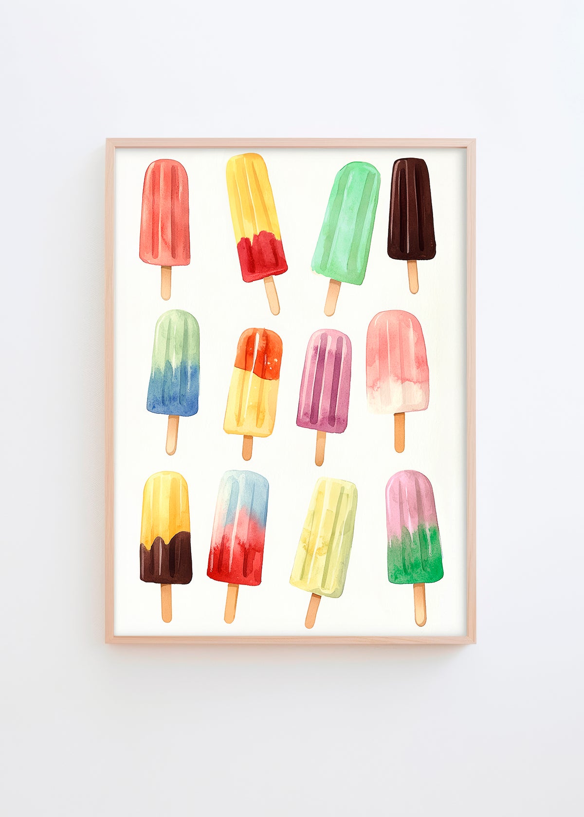 Colorful watercolor illustration of twelve different ice pops on a white background, framed in light wood.