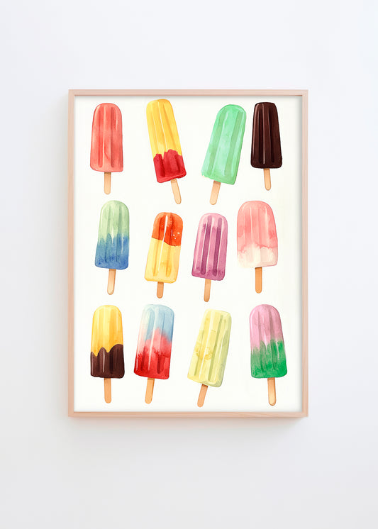 Colorful watercolor illustration of twelve different ice pops on a white background, framed in light wood.