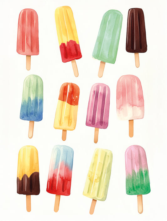 Colorful watercolor illustration of twelve different ice pops