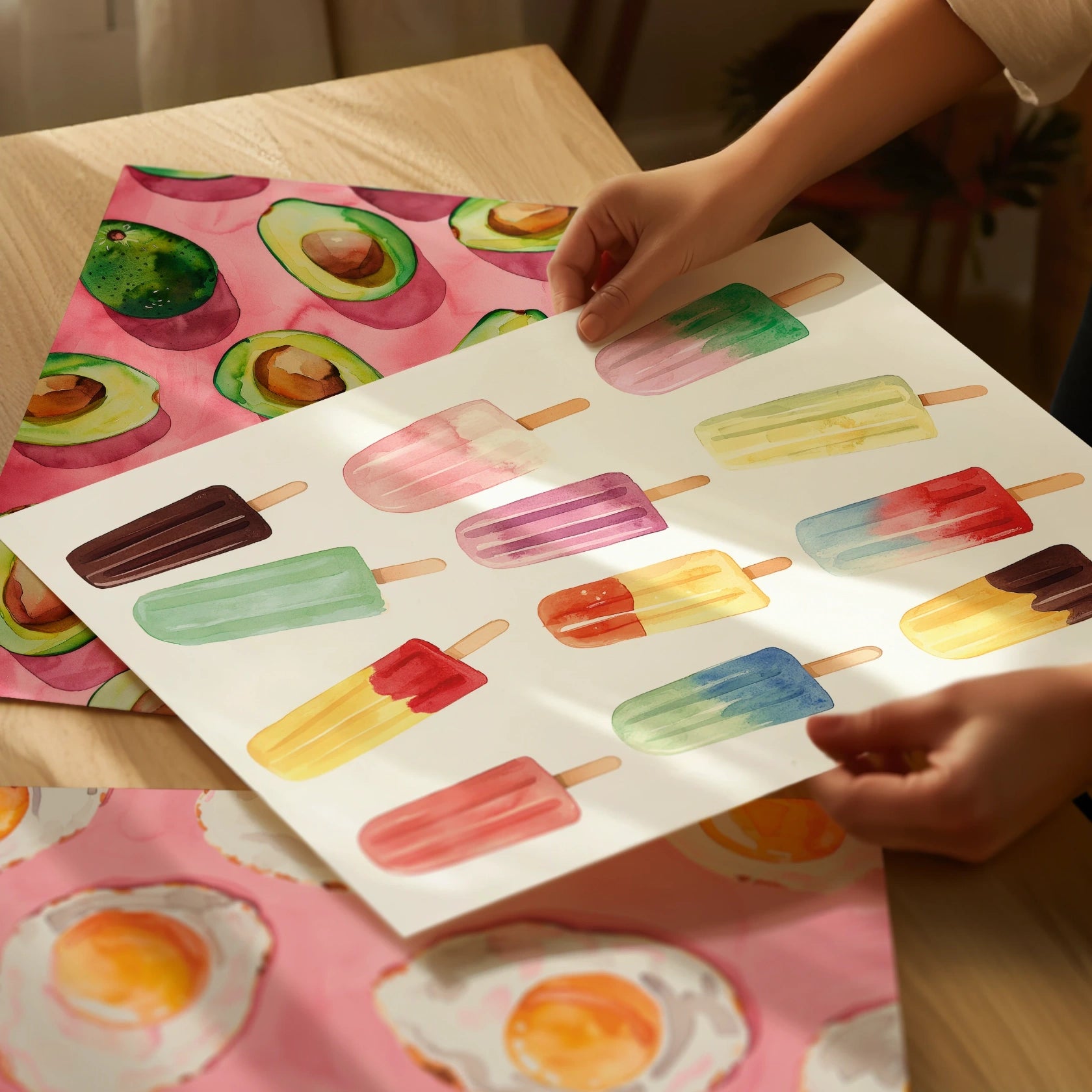 Hands holding a colorful popsicle art print, showing the matte high-quality paper texture, with Avocado and Fried posters lying on the table in a warm kitchen setting.