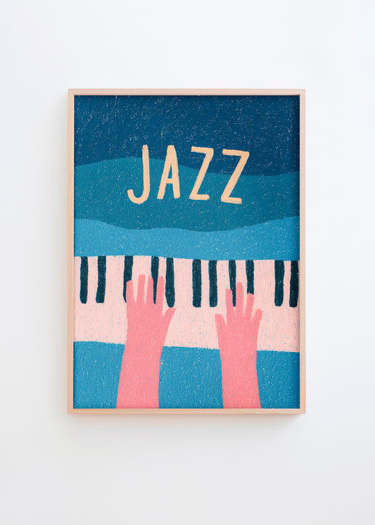 Jazz poster with pink hands playing piano on blue background – music wall art