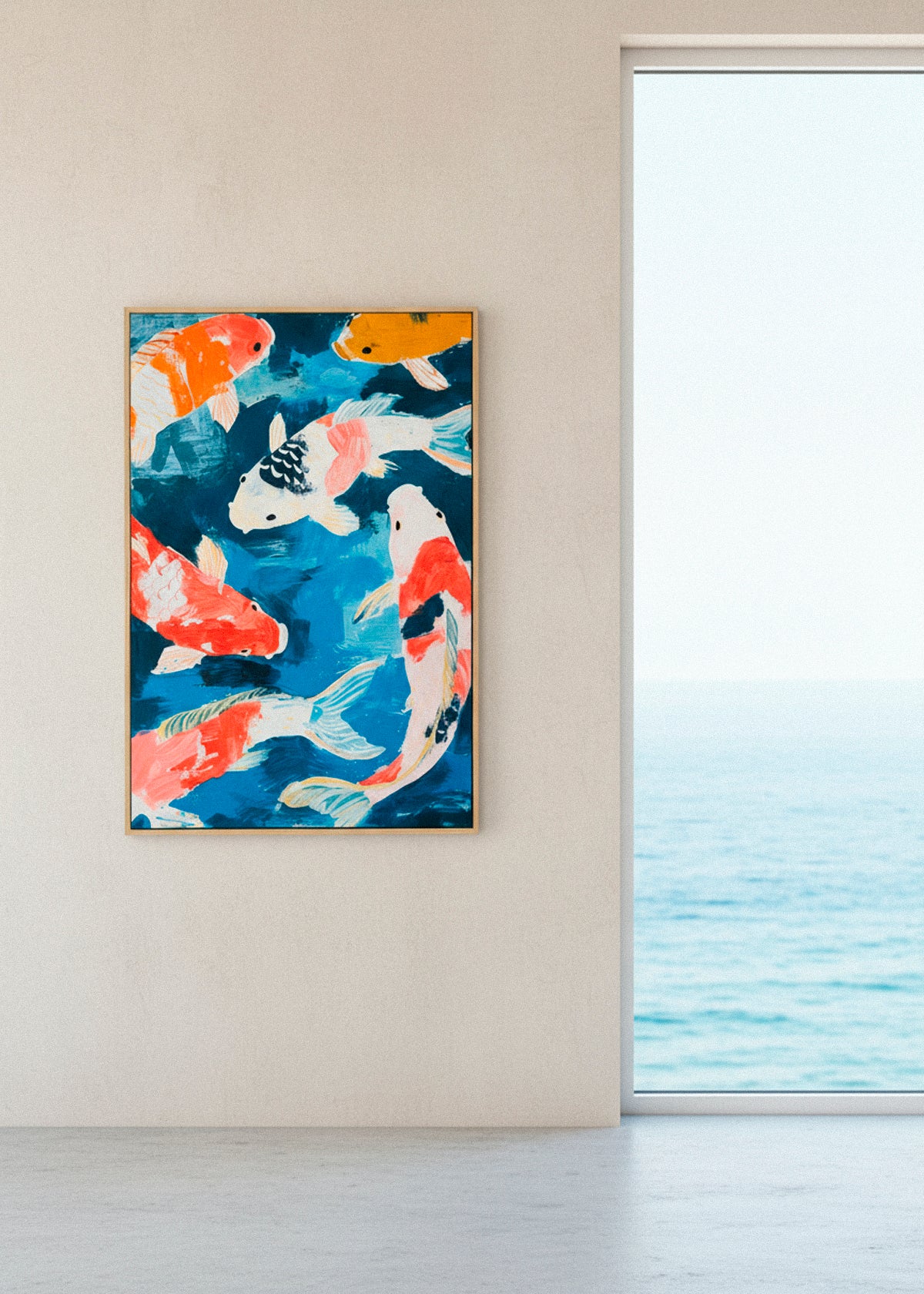 Koi fish canvas hanging in a bright coastal home with ocean view through large window.