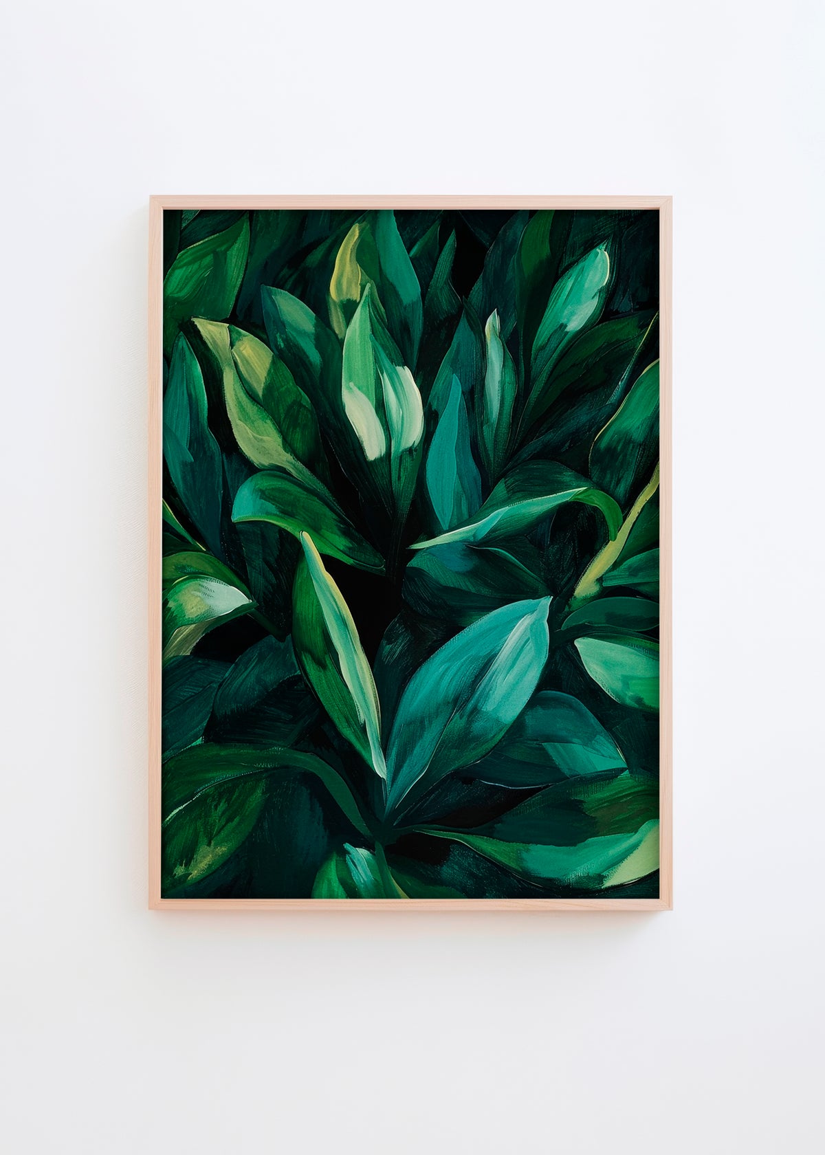 A botanical poster featuring layered green leaves with rich textures and deep emerald hues.