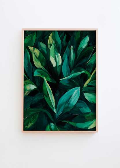A botanical poster featuring layered green leaves with rich textures and deep emerald hues.