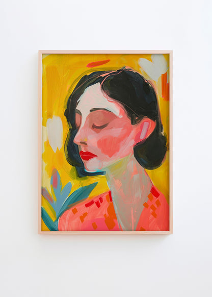 Lovely Lady - HelloPoster - Framed poster of a stylized woman with dark hair and closed eyes on a vibrant yellow background, accented with red and coral tones.