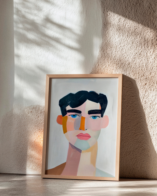 Bold and modern portrait poster titled "Male," showcasing a stylized male face with geometric color blocks and intense blue eyes, styled with soft sunlight.