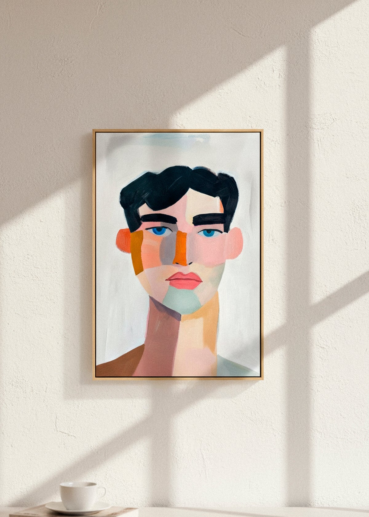 Canvas artwork “Male” hanging on a light textured wall, illuminated by natural sunlight and soft shadows.