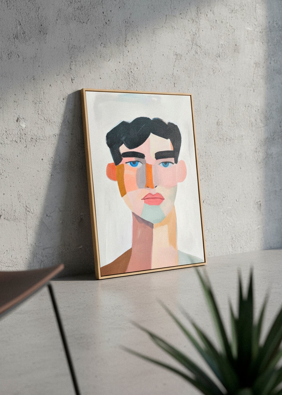 Framed canvas print “Male” leaning against a concrete wall with natural light creating soft highlights.