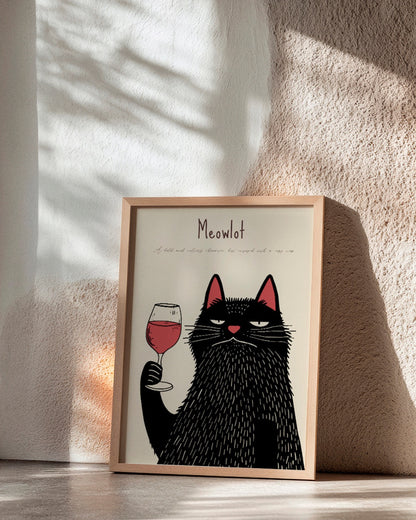 Fun kitchen poster titled "Meowlot" featuring a black cat holding a glass of red wine, combining feline attitude and wine humor in a minimal setting.