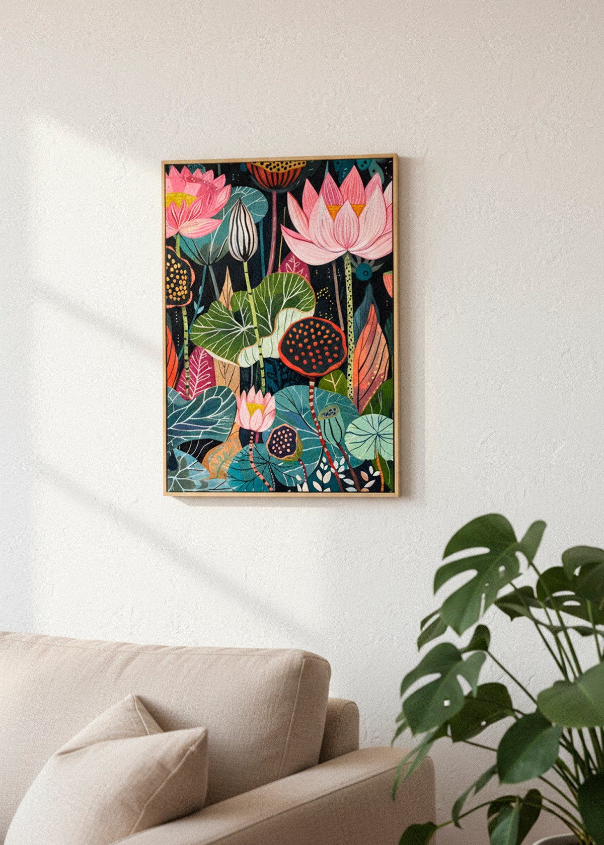 “Midnightflower” framed canvas displayed in soft natural light, highlighting the vibrant botanical motifs on a dark background.