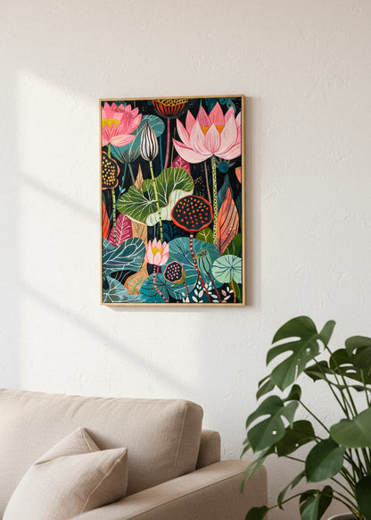 “Midnightflower” framed canvas displayed in soft natural light, highlighting the vibrant botanical motifs on a dark background.