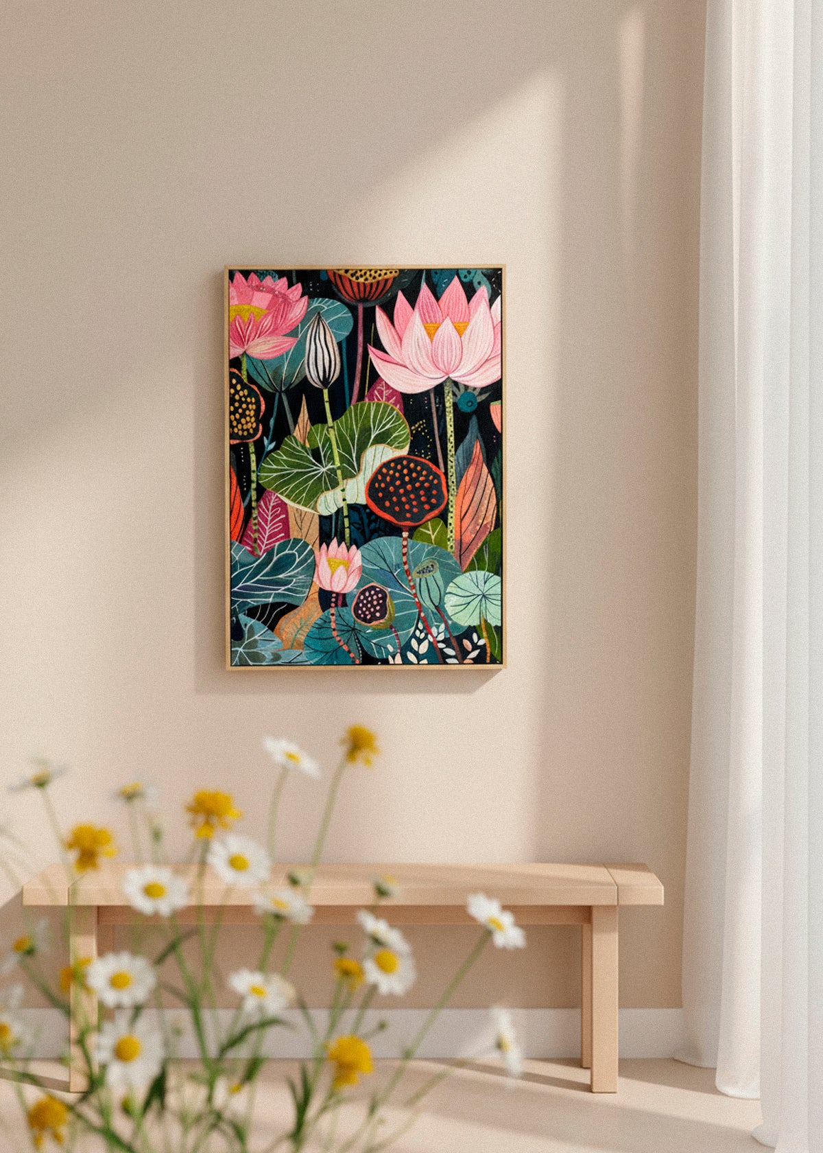 “Canvas print with vibrant lotus flowers and botanical shapes in pink, green, and orange on a dark background, framed in light wood and styled in soft natural light.”