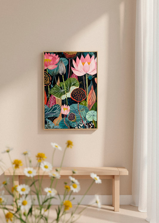 “Canvas print with vibrant lotus flowers and botanical shapes in pink, green, and orange on a dark background, framed in light wood and styled in soft natural light.”