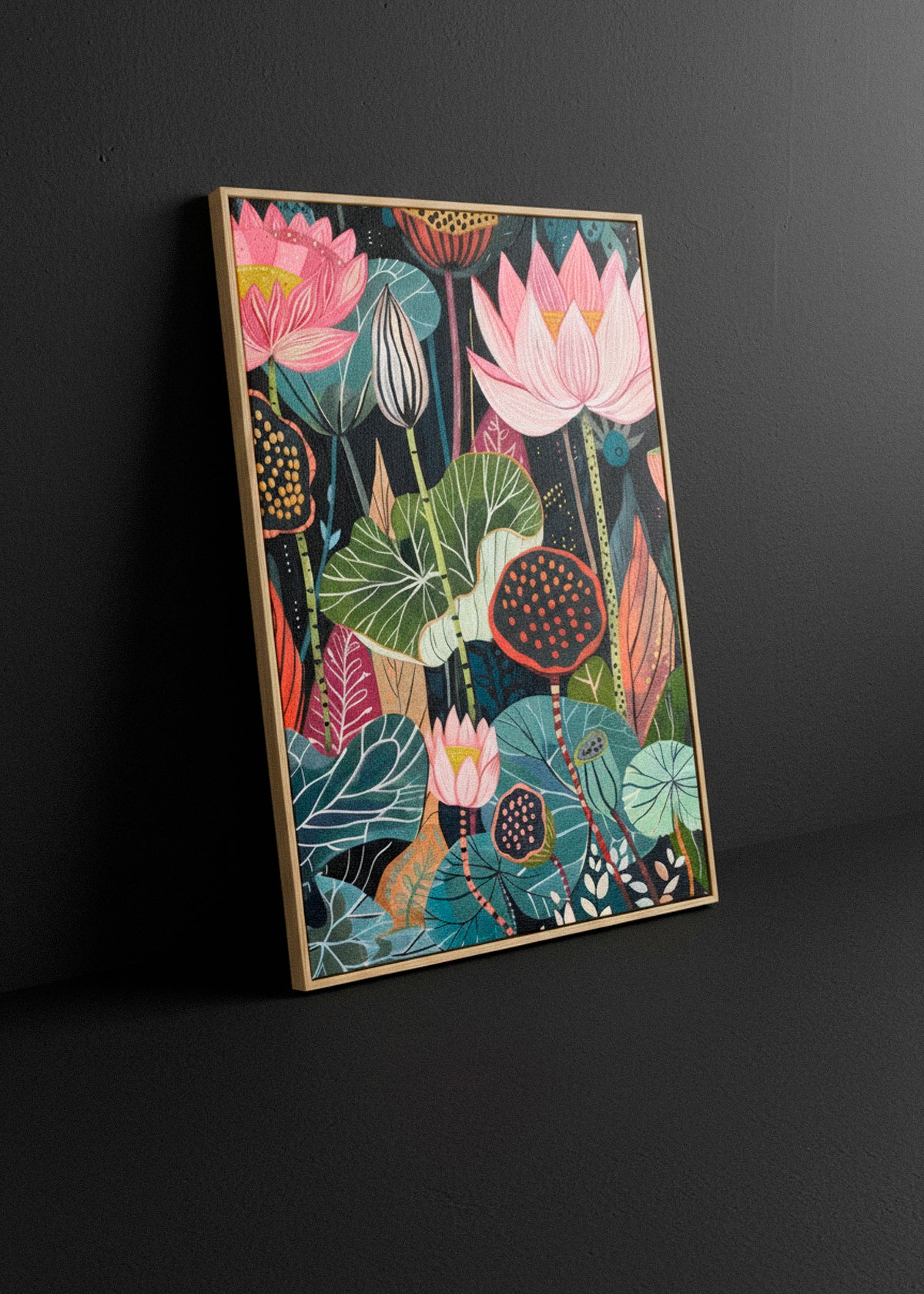 Full view of the “Midnightflower” canvas print leaning against a wall, showcasing colorful florals in modern abstract style with a natural oak frame.