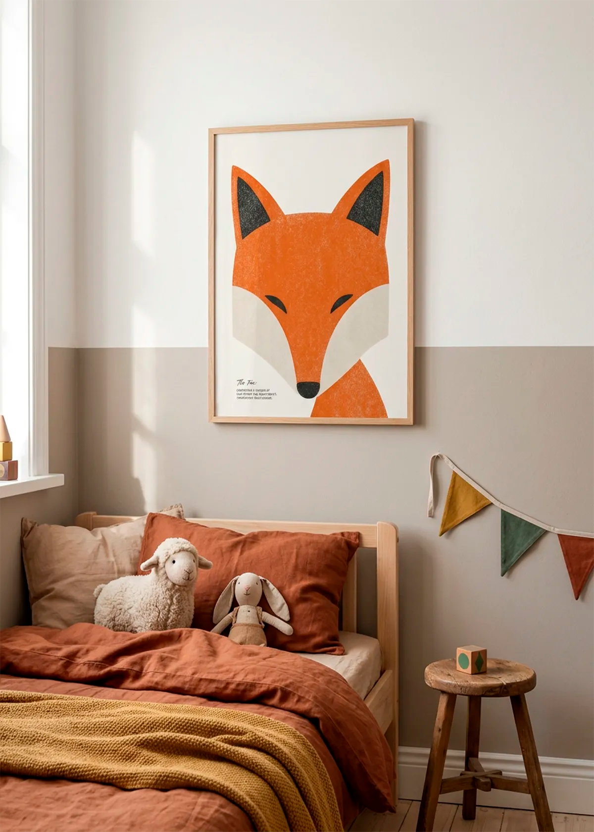 inimalist Fox Portrait art poster by Ohkimiko displayed above a child’s bed in a warm, cosy room with terracotta bedding, wooden furniture and soft neutral walls.